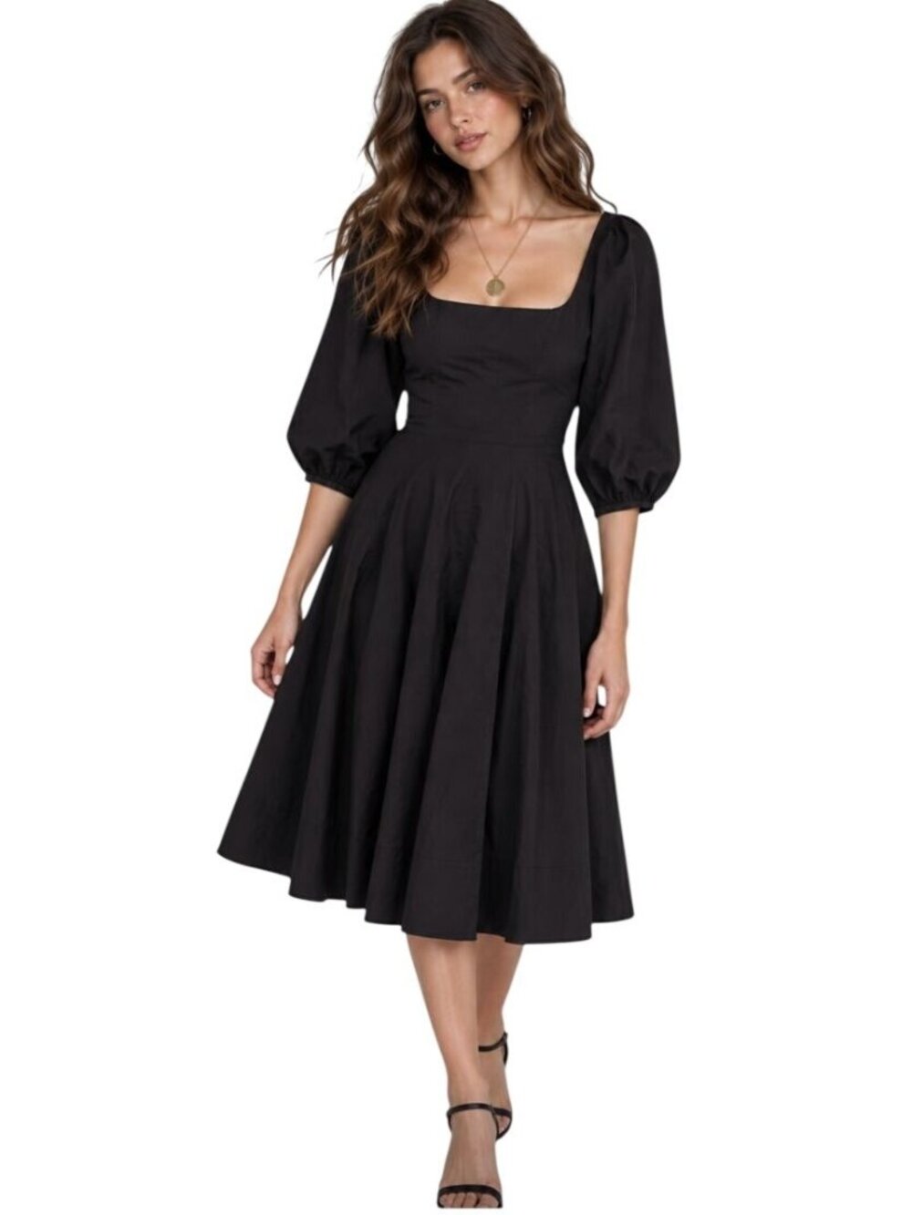 STAUD Swells Midi Dress Puff Sleeves Black NWOT - Size 0